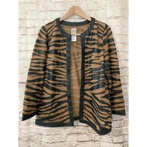 Chico's Jacket Womens 14 Faux Leather Mesh Black Brown Animal Print Zebra Sheer